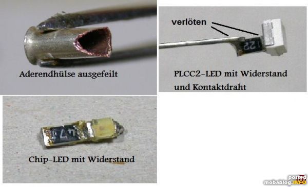 Auf die R�ckseite der PLCC2-LED wird ein Chip-Widerstand mittig senkrecht aufgesetzt und mit einem der LED-Kontakte verl�tet. Dann wird ein steifer Draht an den anderen L�tpunkt der Widerstandes angel�tet. �ber ...