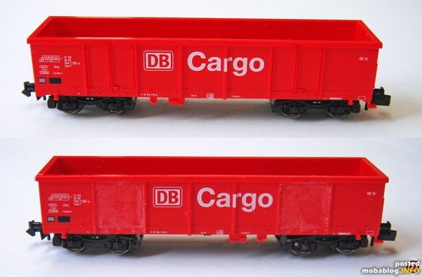 Hier zunächst das Ausgangsmaterial (obere Bildhälfte): der EAOS im Originalzustand. In der unteren Bildhälfte hat der EAOS schon leiden müssen: die Türkanten und -Beschläge sind bereits mit einem Skalpell weggeschnitten ...
