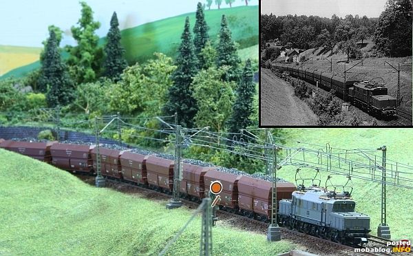 E 93 (Trix) mit Ganzzug aus Selbstentladewagen (Brawa) auf dem Weg durchs Mittelgebirge ...