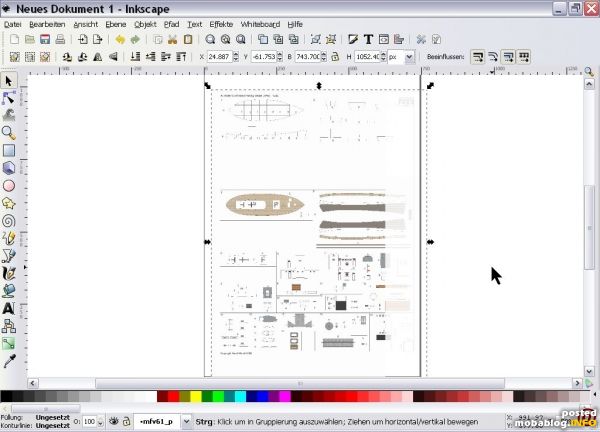 Das in Inkscape importierte Objekt kann dann durch Anklicken und Ziehen proportional vergrößert werden, wobei einem zum Erreichen des 156%-Faktors die X- und Y-Skala helfen. Nun kann man das ganze ...