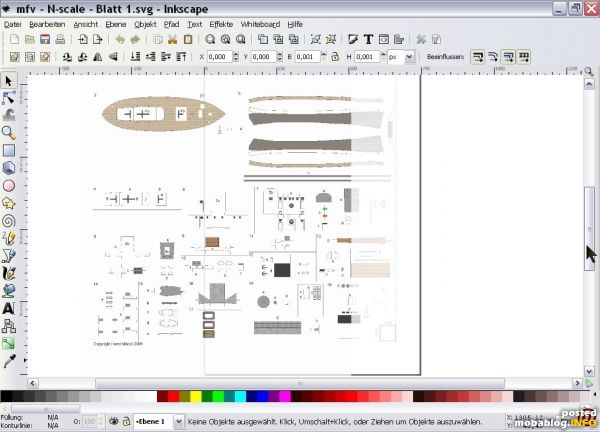 Diese Datei kann dann gespeichert (als *.SVG - oder als *.PDF-Datei) und ausgedruckt werden. Bei diesem Modell ist hilfreich, daß der Konstrukteur ein Quadrat auf dem Bogen eingefügt hat, welches ...