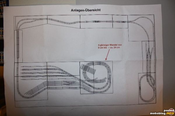 Hier der Gleisplan ohne Schattenbahnhof (12-gleisig unter dem rechten Anlagenteil). Der linke und der untere Teil befindet sich noch in Planung (Kopfbahnhof, Wendel und Schattenbahnhof).