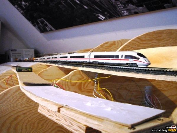 Ein ICE3 rollt über die Holzkonstruktion