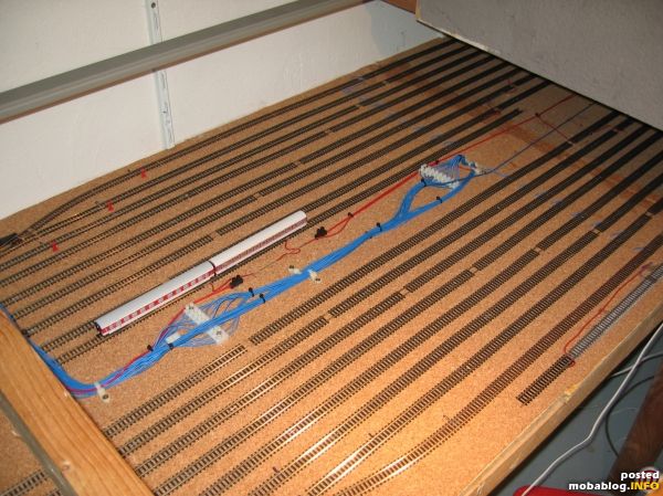 Verkabelungsstrang zu den Belegtmeldern. Diese wurden bewusst nicht unter die Platte gelegt, da ich mit 70 keine Lust mehr habe, u.U. darunter zu krabbeln, sollte es nötig werden.