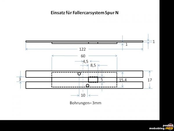 Die Einlage:
Die Einlage ist erforderlich, damit die auf dem Wagen befindlichen "Bauten" überfahren werden können. Mit der Einlage ist es möglich die kleinen Magneten ohne Bearbeitung des Wagens zu fixieren.