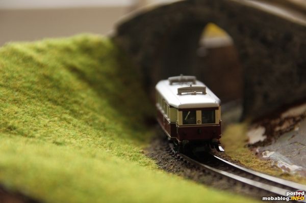 Der Triebwagen taucht zum ersten Mal in der grünen Landschaft auf und durchquert den Einschnitt …