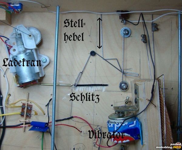 Im Untergrund geht es ziemlich eng zu. Stellhebel und Umlenkung fanden grade noch Platz zwischen dem Antriebsmotor für den Ladekran der Ladestraße und dem Vibrator am Antrieb der Bekohlung.