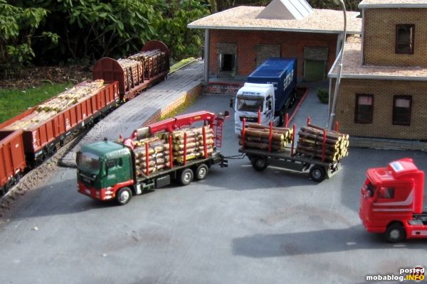 Holztransporter beim Rangieren zum Verladegleis