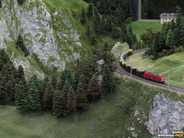 Wir wandern weiter in Richtung Adlitzgraben, aus dem gerade eine Vectron-Lok mit einem Schotterzug talwärts rollt.