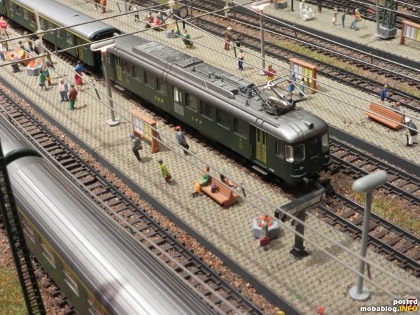 Der Triebwagen RBe 4/4 (Arnold) mit EW II-Wagen (Brawa) am Gleis 8.