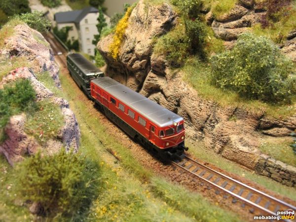 In der Gegenrichtung ist eine Bedarfsleistung fällig, welche von einem 2050er Tandem abgeholt werden muss - hier passiert der Lokzug den Felseinschnitt kurz vor den Weinbergen.