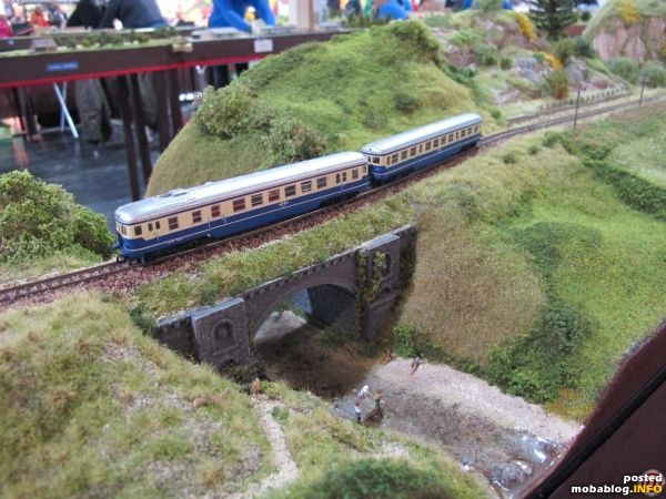 Das Kleinserienmodell des VT5046 mit Steuerwagen befährt gerade das Flussmodul mit Badesteg