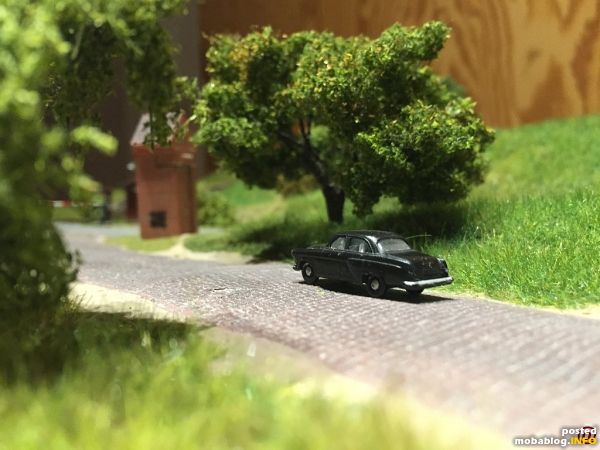 Die fertige Pflasterstraße mit Begrünung