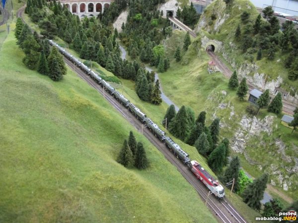 Der Ganzzugverkehr dominiert heute auch die Südbahnstrecke: hier eine lange Garnitur mit Knickkesselwagen auf der Bergfahrt