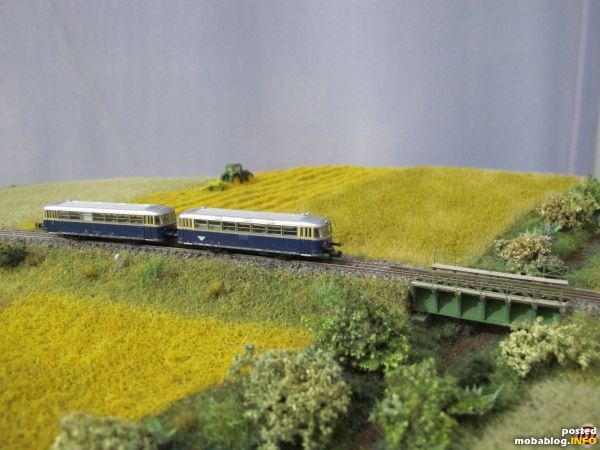 Auf der Strecke befindet sich hier ein VT 5081 in einer landwirtschaftlich geprägten Umgebung.
