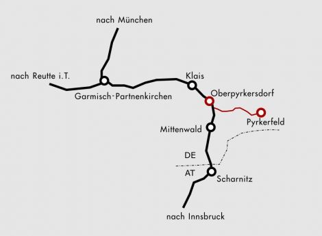 Die Pyrkerbahn ist eine zur Mittenwaldbahn hinzuerfundene Nebenstrecke (rot).