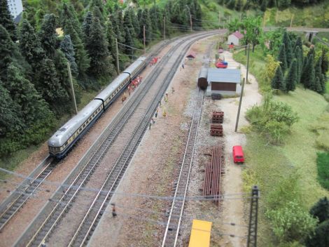 Ein Dieseltriebwagen der Baureihe 5045 hält in Breitenstein, am Bahnsteig wird die Garnitur bereits von einer großen Wandergruppe erwartet