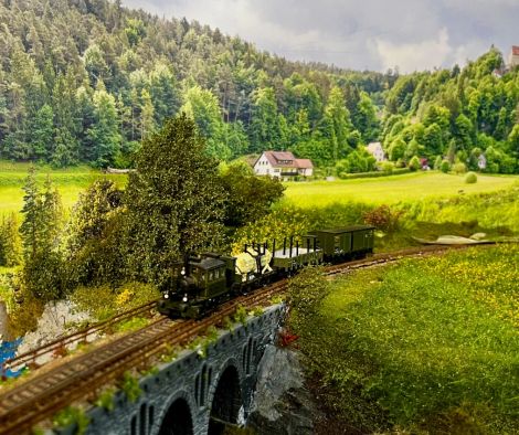 Glaskasten fährt über das Viadukt zum Dorf