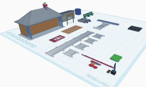 Nach und nach entstanden die Details als 3D Modell. Schuppen und Bahn&uuml;bergang-Gatter stammen aus Thingyverse (jeweils adaptiert).